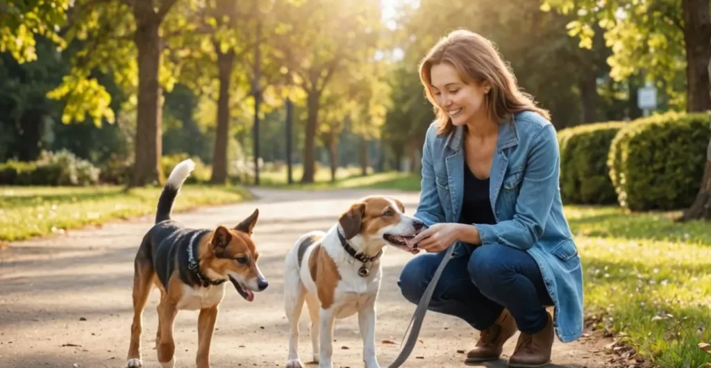 a girl sitting with two dogs