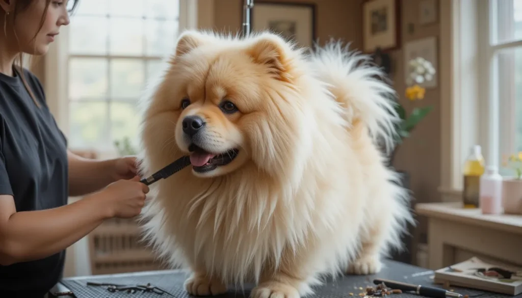 A female vet grooming a chow chow dog