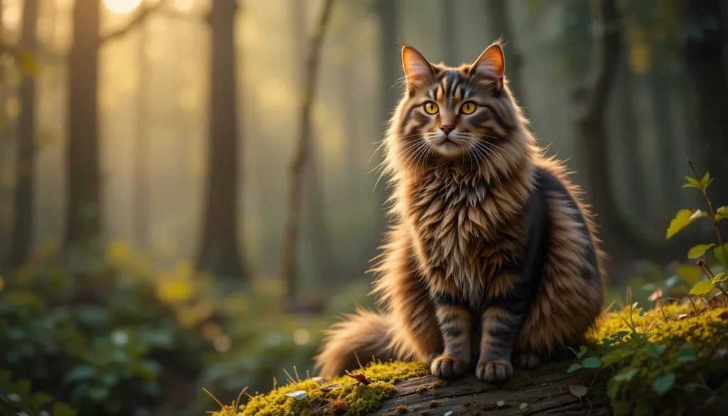 Ultra-realistic close-up of a Maine Coon cat with a kaleidoscope coat (tabby, tortoiseshell, calico) sitting regally on a mossy log in a misty forest, golden hour light highlighting fur textures, 8K resolution