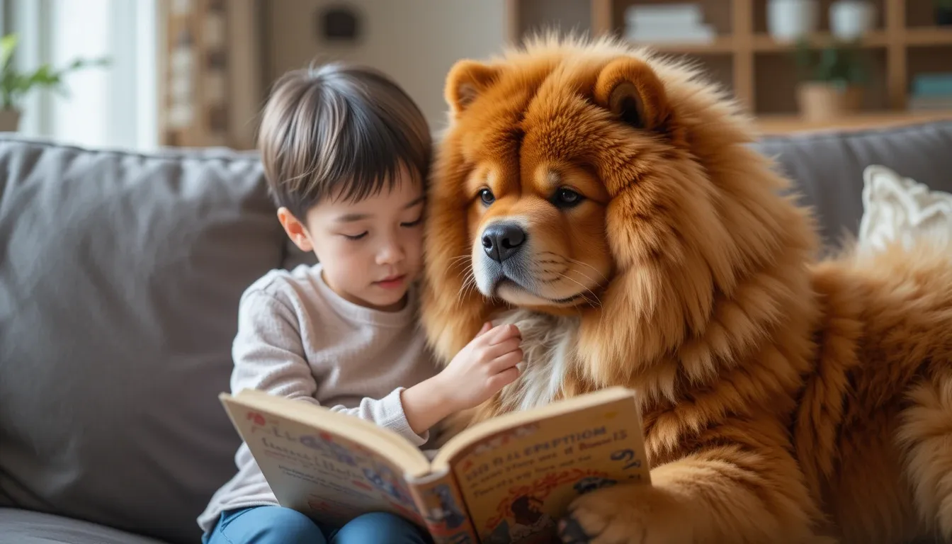 brown chow chow dog and a kid looking into a book sitting on a sofa