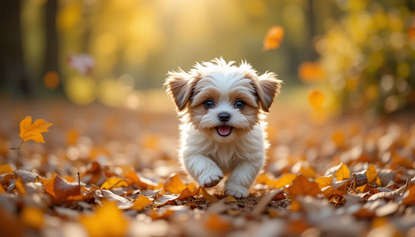 Shih Tzu Puppy runing on ground with yellow leafs