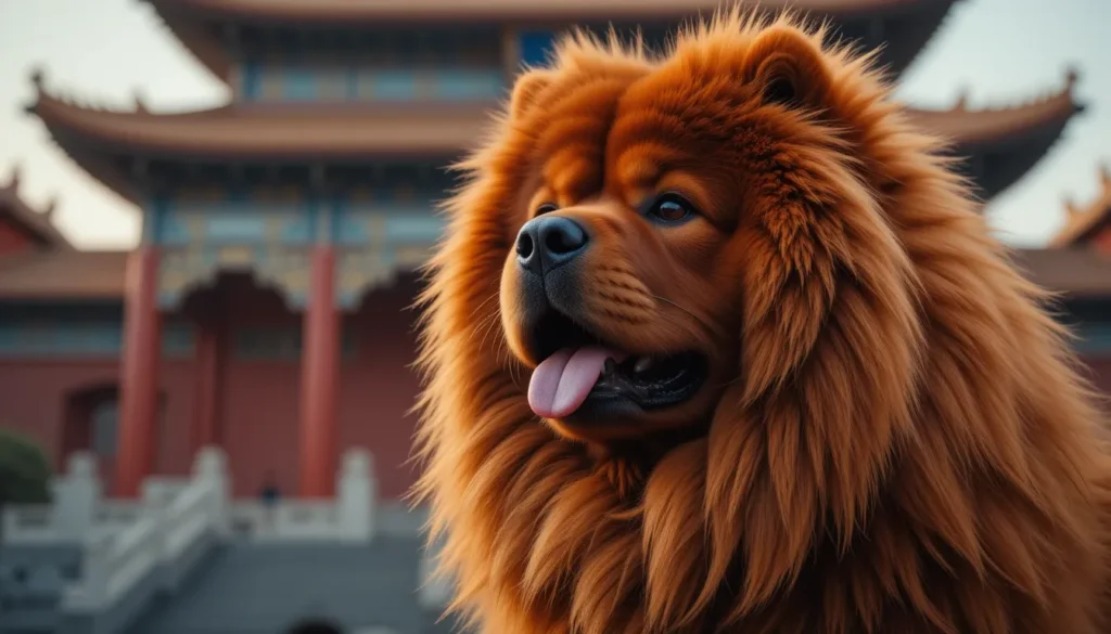 Photorealistic close-up of a majestic red Chow Chow with perfect lion-like mane, piercing dark almond-shaped eyes, and distinctive blue-black tongue visible. The dog sits in dignified pose against a traditional Chinese palace backdrop