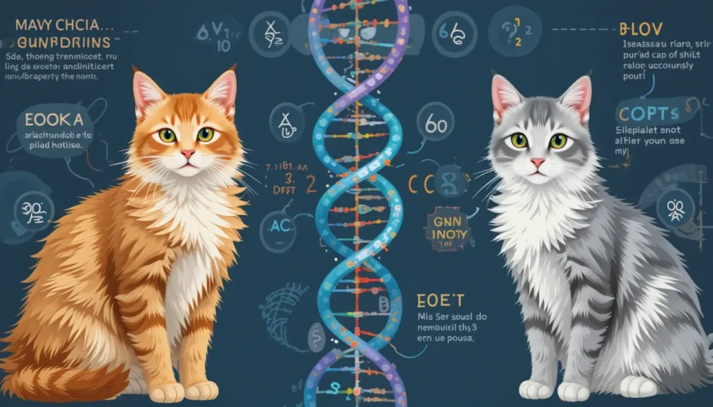 Infographic: DNA strand with labeled Maine Coon color genes (inhibitor, tabby, dilute), flanked by a gold-coated cat and a silver tabby, lab-style vector illustration" Simplifies genetic concepts.